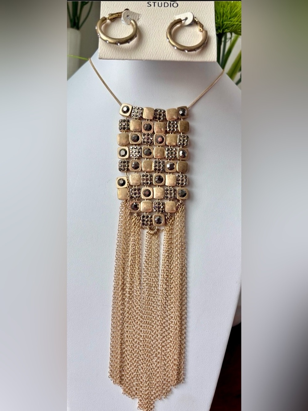 Carol D Studio Mosaic style pendant,cascading chains,gray rhinestones,earrings